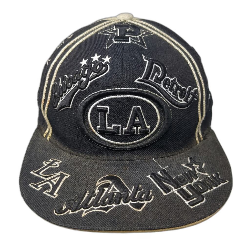 Leader Baseball Cap Black L Cities All Over Embroidery Fitted Flat Brim Hat
